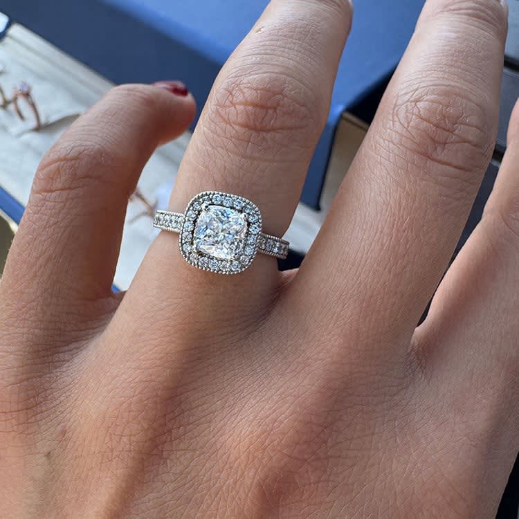 Lab Cushion diamond in vintage setting