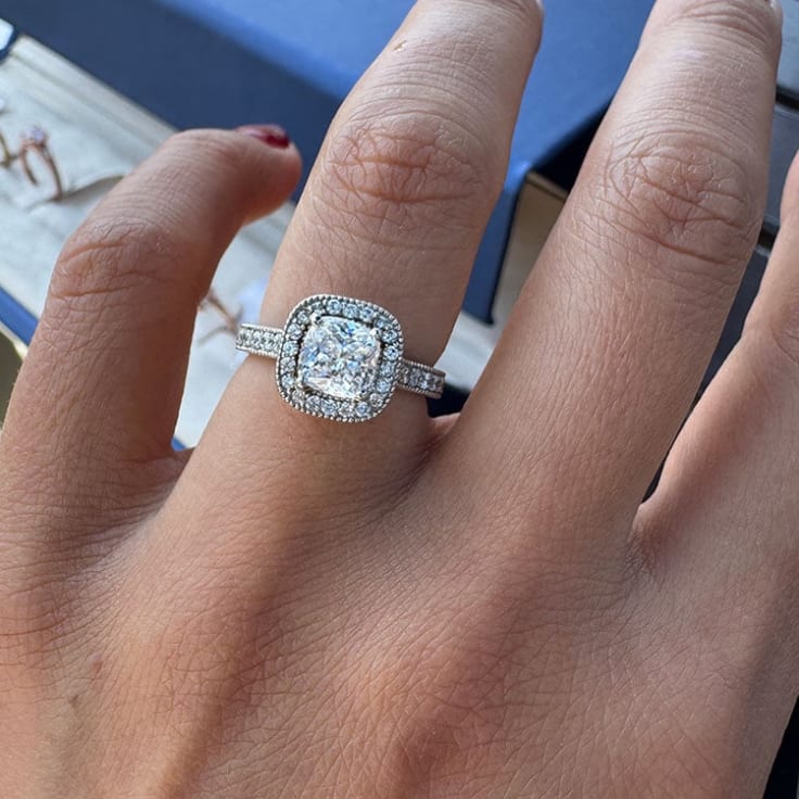 Lab Cushion diamond in vintage setting