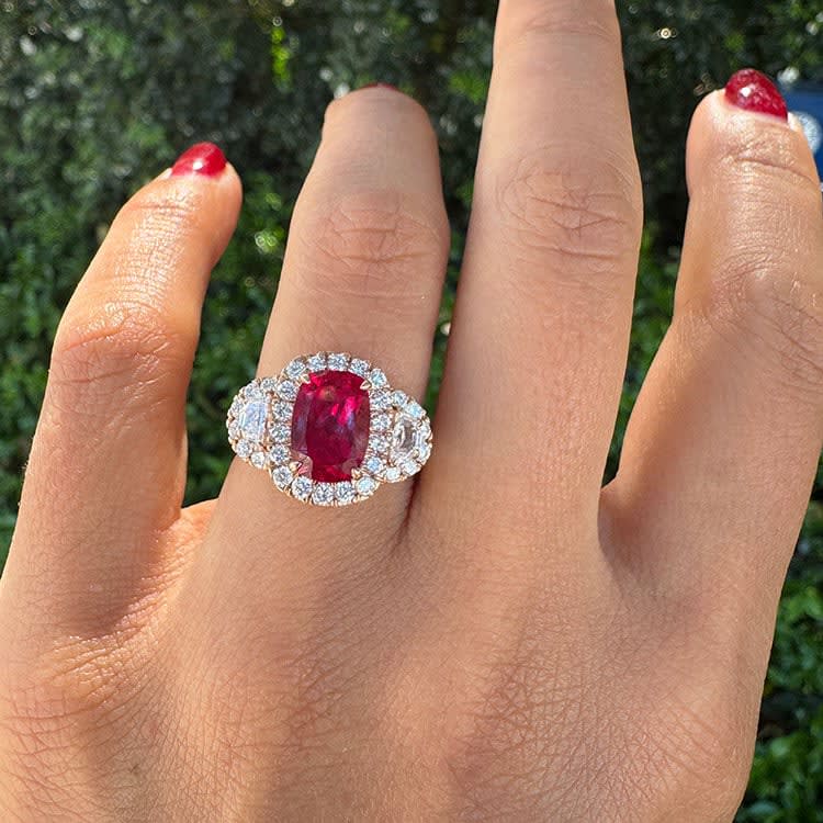 Cushion cut lab Ruby and diamond ring