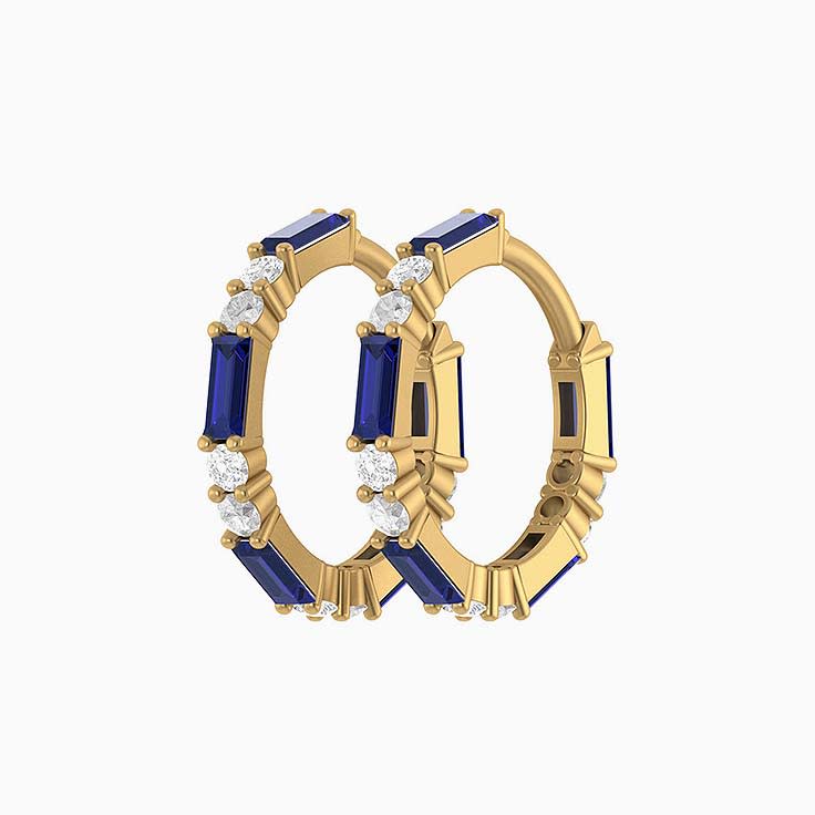 Sapphire Baggettes and round diamonds huggies