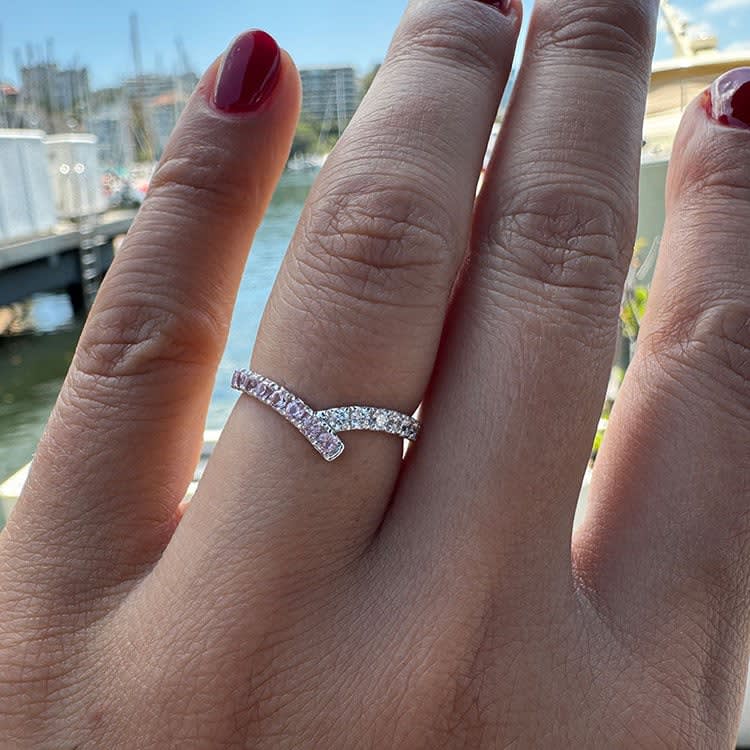 Lab pink and white diamond wishbone ring
