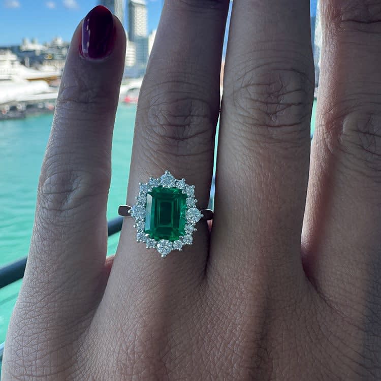 Lab green emerald and diamond ring White gold