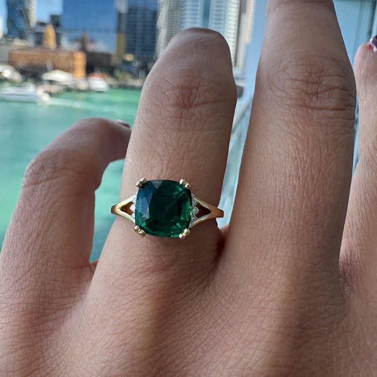 Cushion cut lab emerald ring
