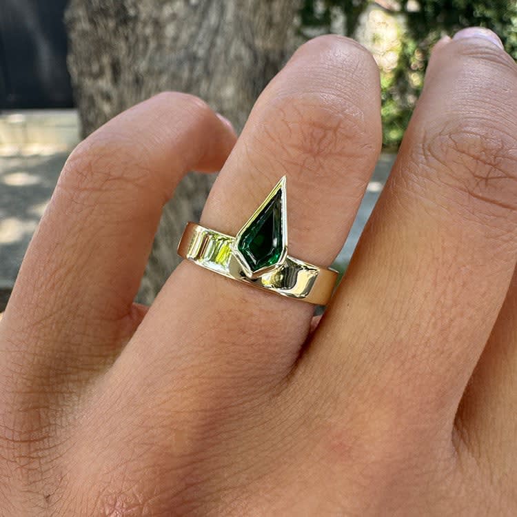 Kite cut green emerald ring