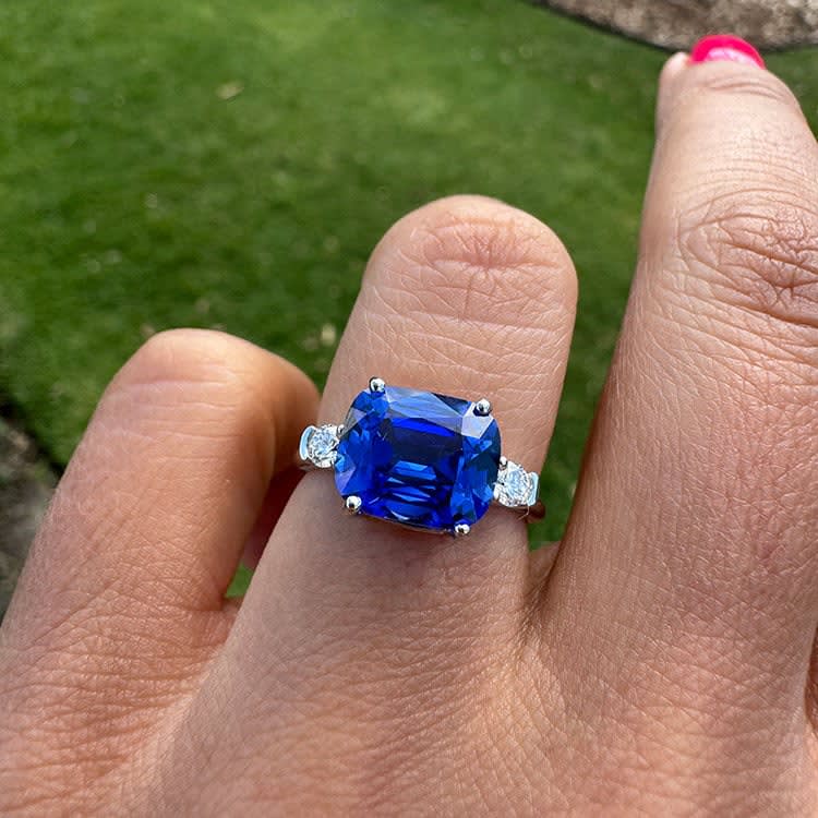 Royal blue lab sapphire set in platinum setting