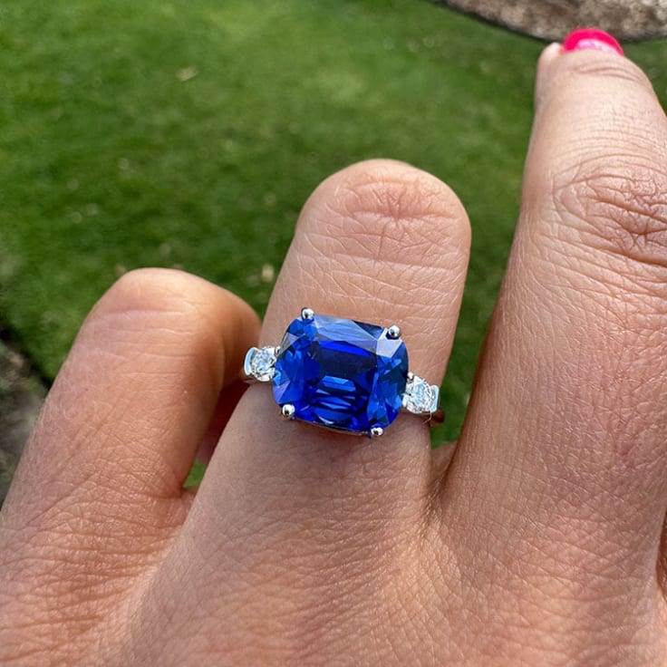Royal blue lab sapphire set in platinum setting