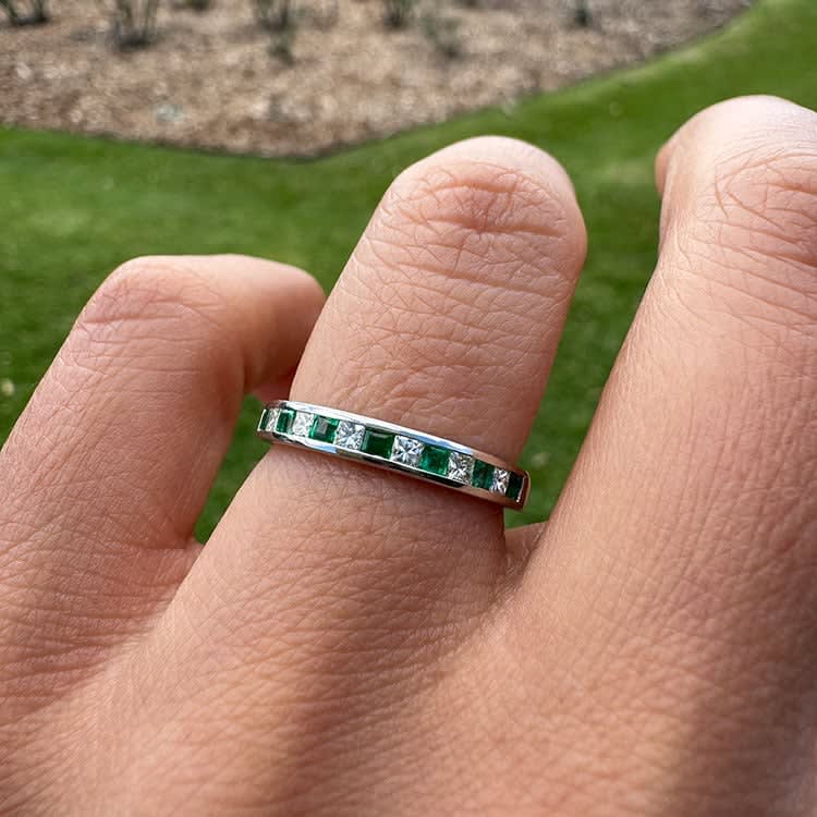 Natural emerald and diamond band
