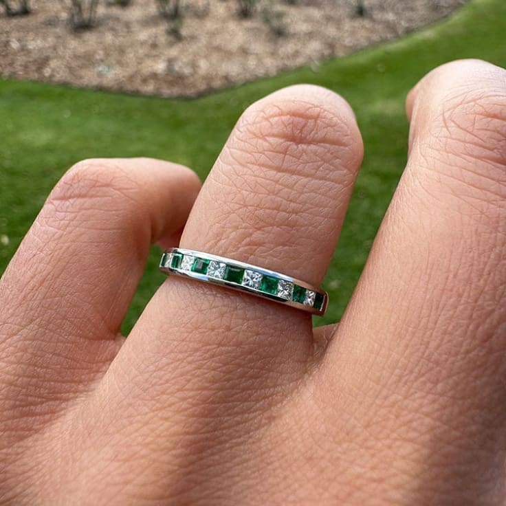 Natural emerald and diamond band