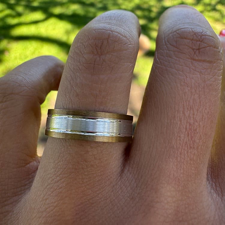 Flat profile two tone mens ring