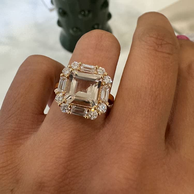 Natural pale morganite with lab diamonds