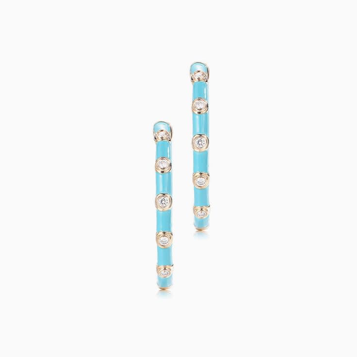 Blue Enamel Diamond Hoops