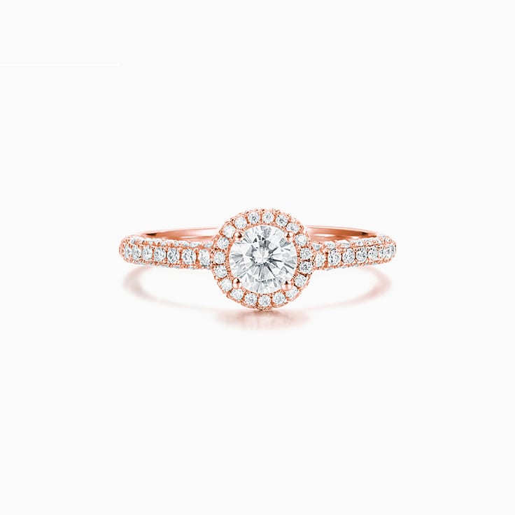 Round Brilliant cut with a 3D halo and Pave Band Engagement ring