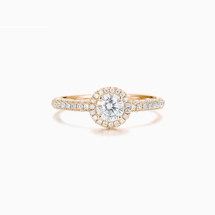 Round Brilliant cut with a 3D halo and Pave Band Engagement ring