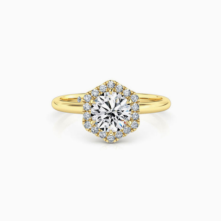 Round Brilliant cut diamond with a hexagon shape halo