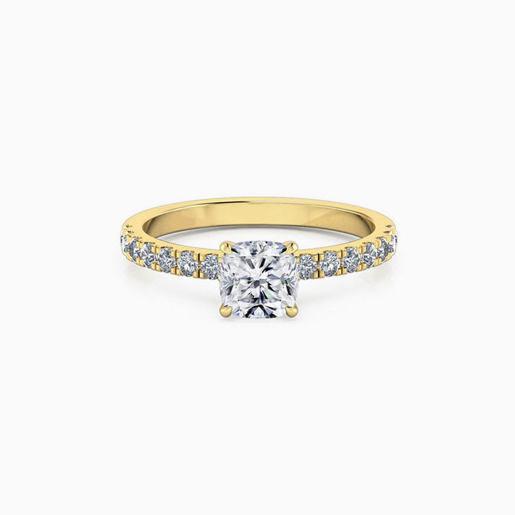 Cushion Cut Diamond Engagement Ring On A Pave Band