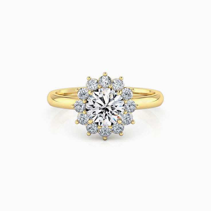 Round brilliant cut engagement ring with floral halo setting
