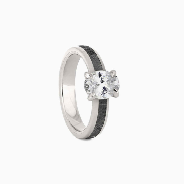 Solitaire Oval Diamond And Meteorite Engagement Band