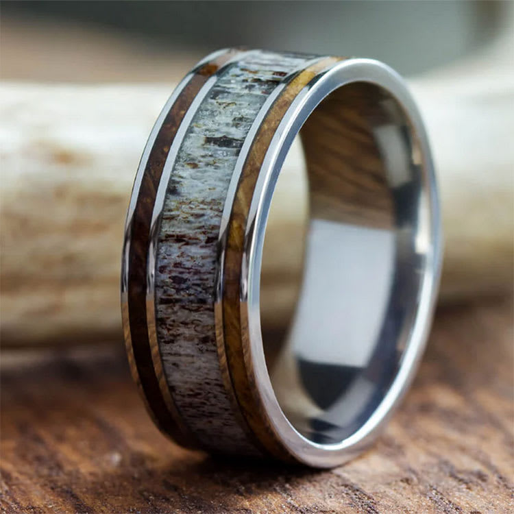 Antler Whiskey Oak Wood Mens Wedding Band