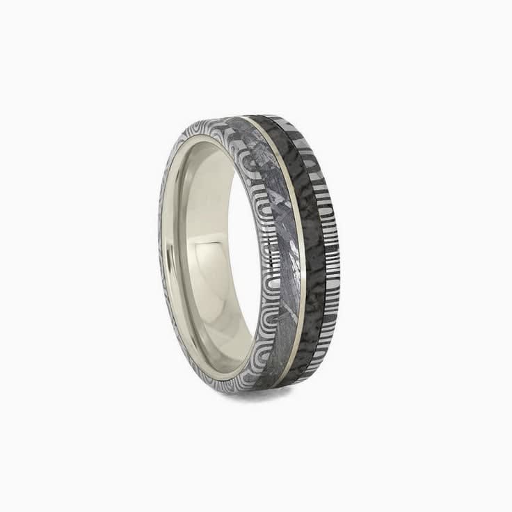 Mens White Gold Wedding Band With Damascus Meteorite and Dinosaur Bone