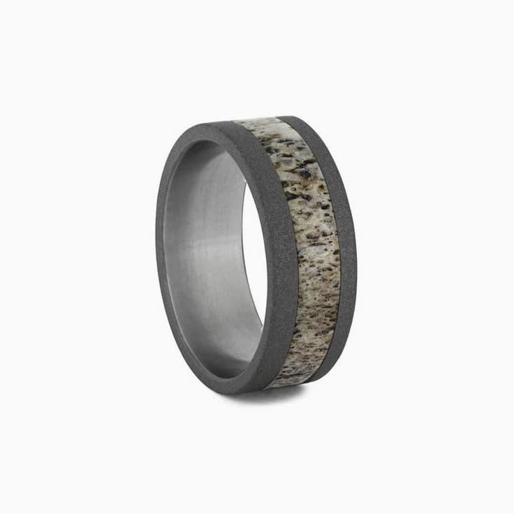 Mens Wedding Band With Antler Inlay and Sandblasted Titanium