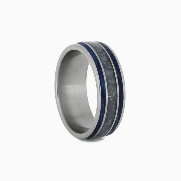 Blue Wood Mens Wedding Band With Crushed Dinosaur Bone