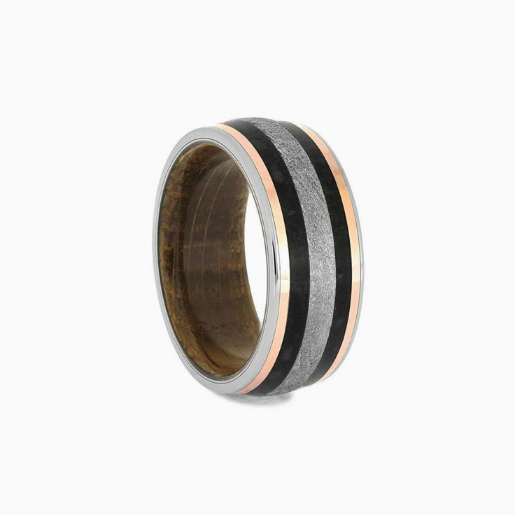 Gold Pinstripes And Whiskey Oak Sleeve Mens Ring With Meteorite