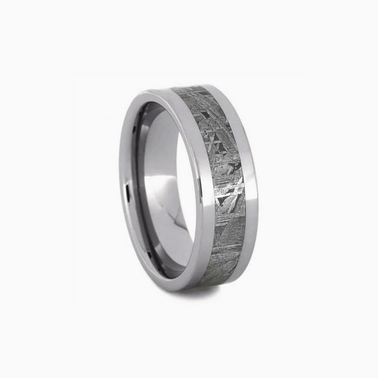 Mens Meteorite Ring With Tungsten or Titanium Band