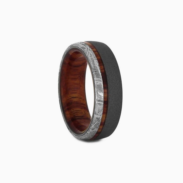 Meteorite Wedding Ring With Sandblasted Titanium And Exotic Wood