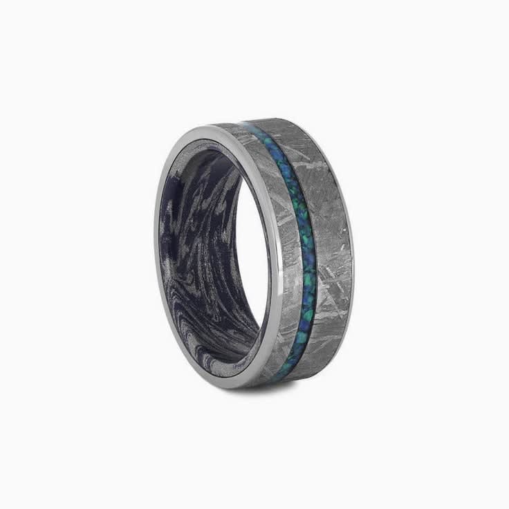 Crushed Opal Mens Ring With Mokume Sleeve And Meteorite