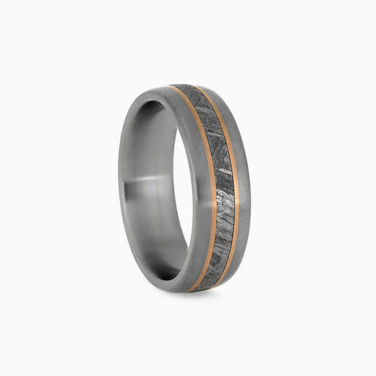 Mens Meteorite Band With Gold Pinstripes