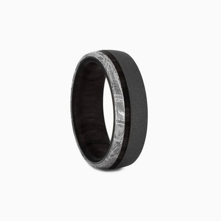 Ebony Wood Sandblasted And Meteorite Mens Wedding Ring