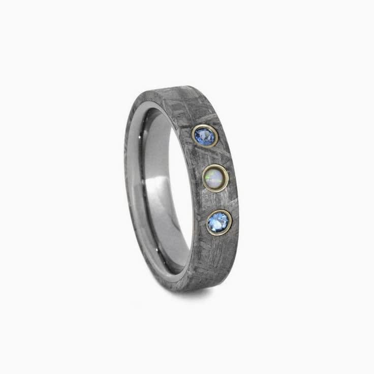Meteorite And Gemstones Wedding Band