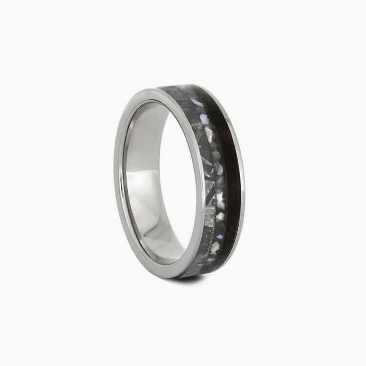 Pearl Mens Wedding Band With Dinosaur Bone Meteorite