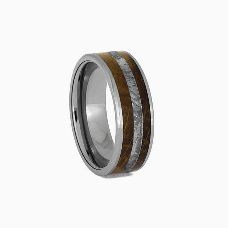 Mens Tungsten Ring With Whiskey Barrel Oak And Meteorite