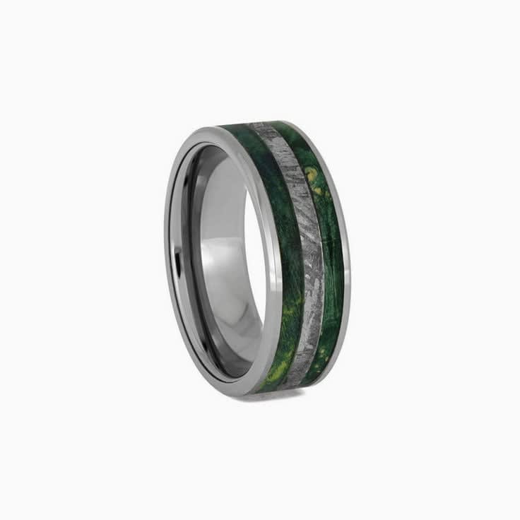 Green Box Elder Burl Meteorite Wedding Band