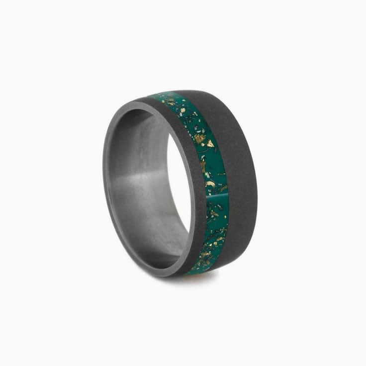 Mens Wedding Band With Green Stardust and Sandblasted Titanium