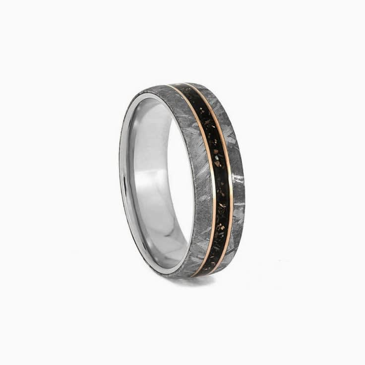 Mens Titanium Ring With Gold Pinstripes and Black Stardust