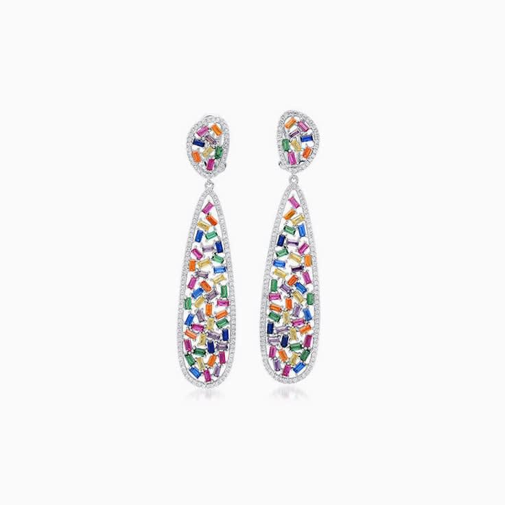 Diamond And Rainbow Sapphire Elongated Earrings
