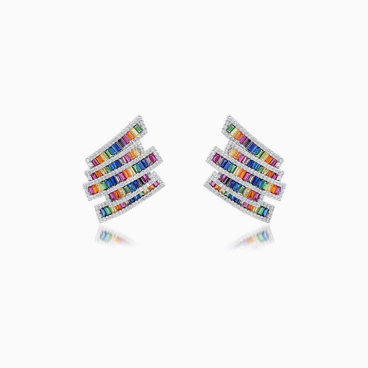 Zig Zag Diamond And Rainbow Gemstone Studs