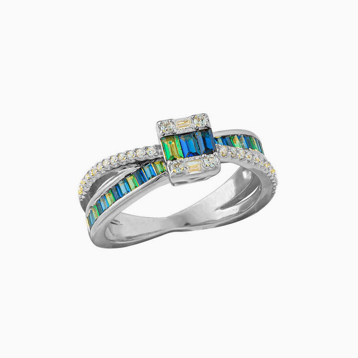 Diamond And Blue Green Sapphire Square Ring