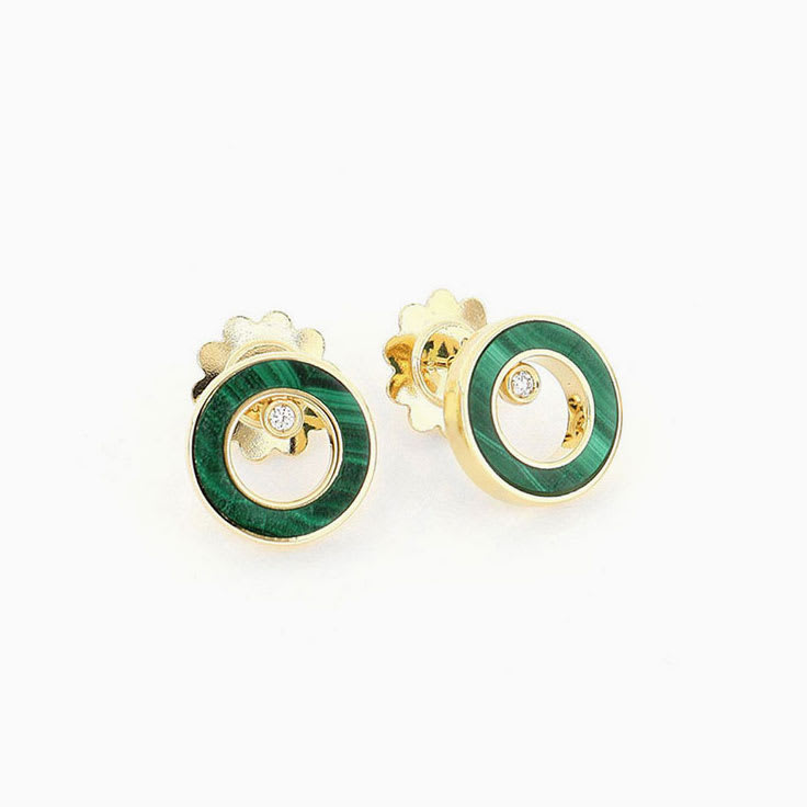 Malachite and Diamond Circle Earrings