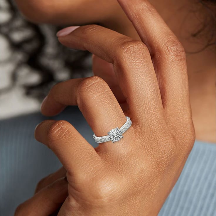 Princess Cut Solitaire Hand Carved Engagement Band