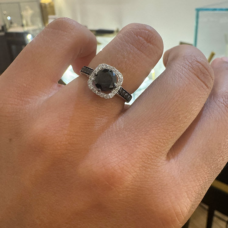 Black diamond halo engagement ring
