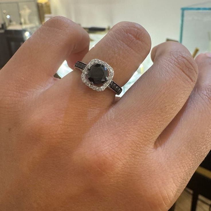 Black diamond halo engagement ring