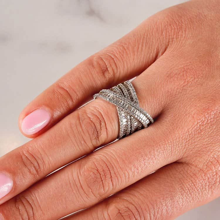 baguette diamond crossover ring