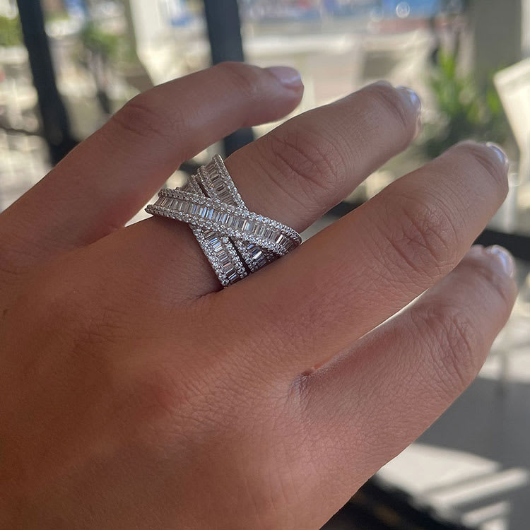 baguette diamond crossover ring