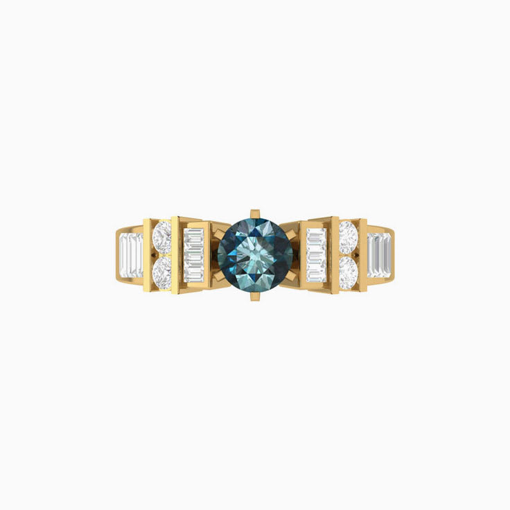 Teal Sapphire With Round And Baguette Diamond