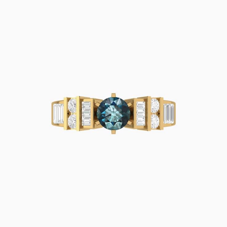 Teal Sapphire With Round And Baguette Diamond