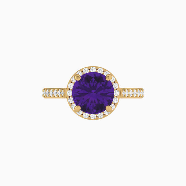 Round amethyst with lab diamond ring