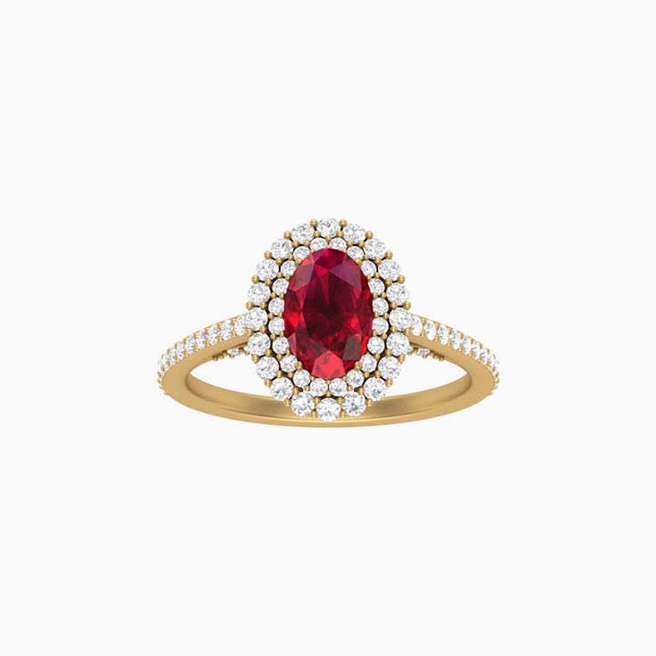 Double halo ruby and diamond ring